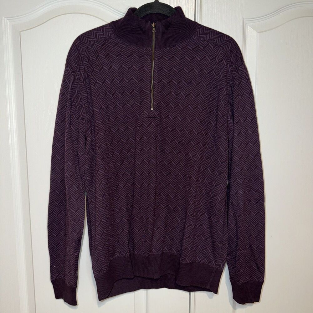 Alex Cannon Sweater Men Chevron Cotton 1/4 Zip M Purple Mock Neck Preppy Golf